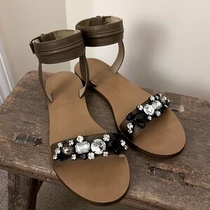 GUC J.Crew Jeweled Ankle Strap Sandals in Olive Leather. Size 7.5